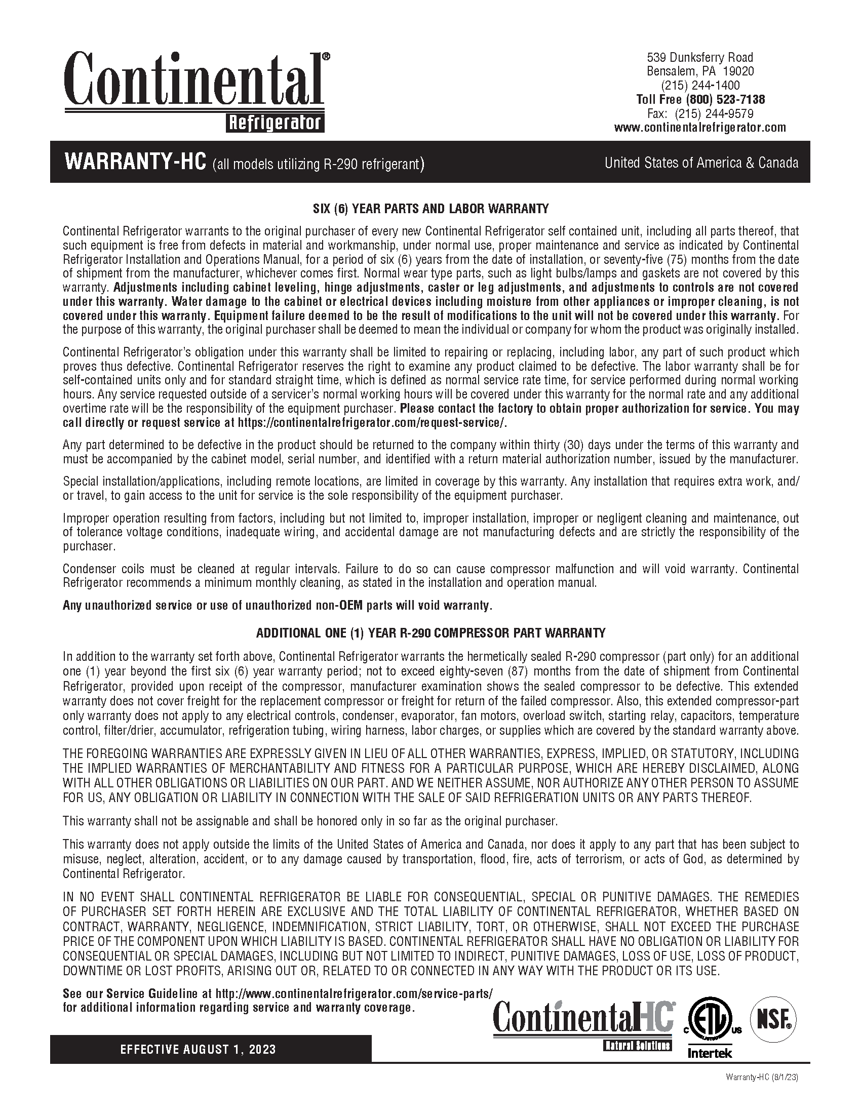 Warranty Forms - Continental Refrigerator