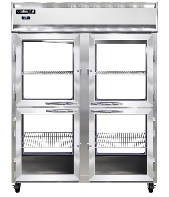 2RENPTHD-GD-GD 2-Section Display Commercial Pass-Thru Refrigerator Extra Wide, Half Doors