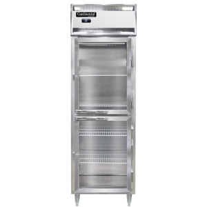 D1RNPTHD-GD-SD Designer Line 1-Section Display Commercial Pass-Thru Refrigerator Half Doors