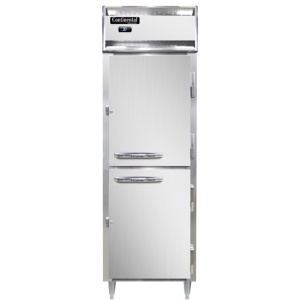 D1RNPTHD-SD-GD Designer Line 1-Section Display Commercial Pass-Thru Refrigerator Half Doors
