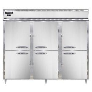 D3RENPTHD-SD-GD Designer Line 3-Section Display Commercial Pass-Thru Refrigerator, Extra Wide, Half Doors